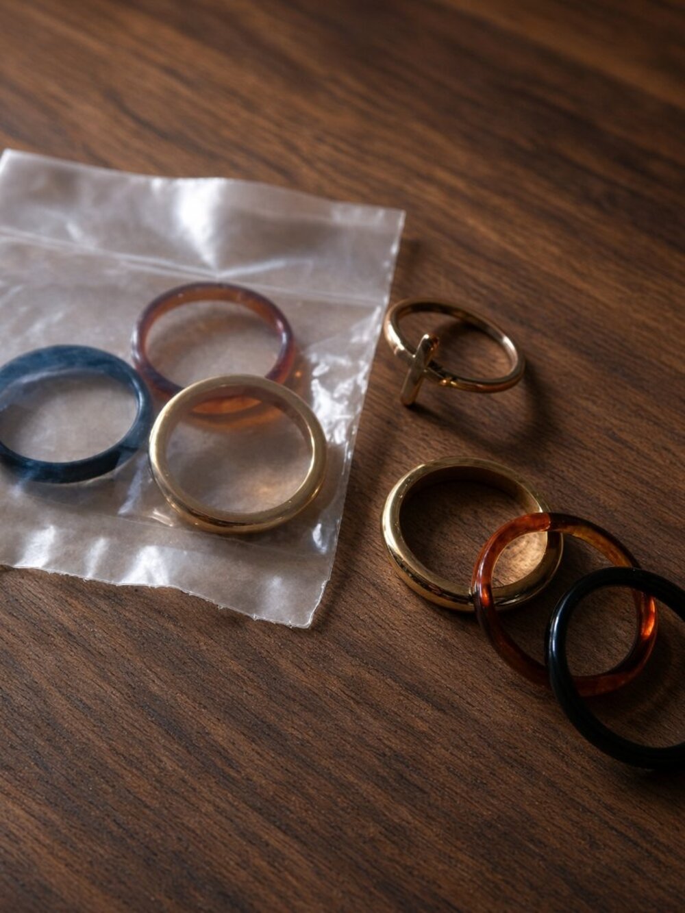 Fall Runway Stack 7 Piece Vintage Resin Ring Tortoise and Onyx Black Tones Mixed
